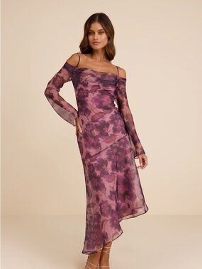 NWT Lulu's Pia Mauve Purple Floral Asymmetrical Midi Dress